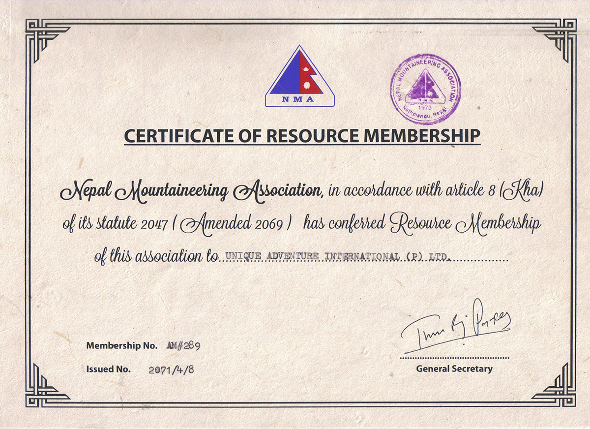 Certificate of affiliation with Nepal Mountaineering Association (NMA)