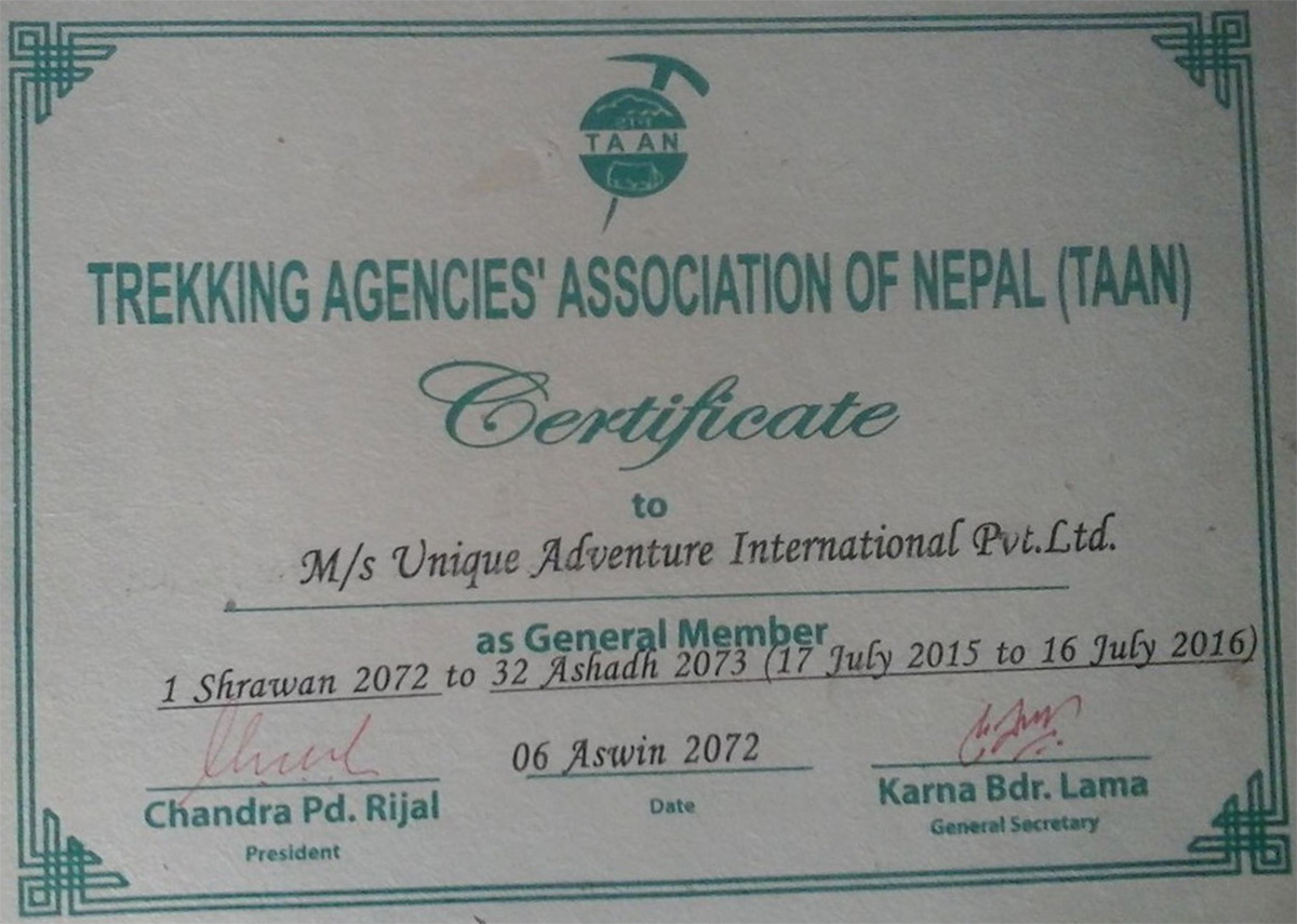 Certificate of affiliation with Trekking Agencies' Association of Nepal (TAAN)